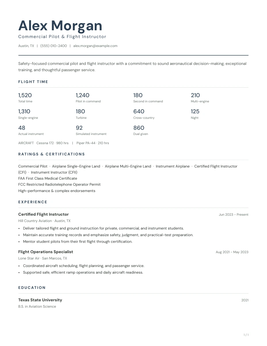 The Modern pilot resume template with a left-aligned name and midnight-blue accents.